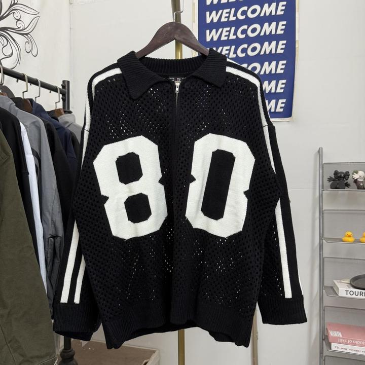 男装圣80数字字母印花裁剪网眼针织毛衣拉炼开衫，男女宽松同款