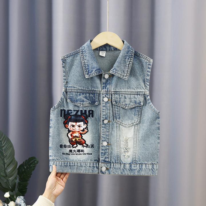 儿童哪吒马甲2025春季新款男女童牛仔马夹中大童外穿坎肩春秋装潮