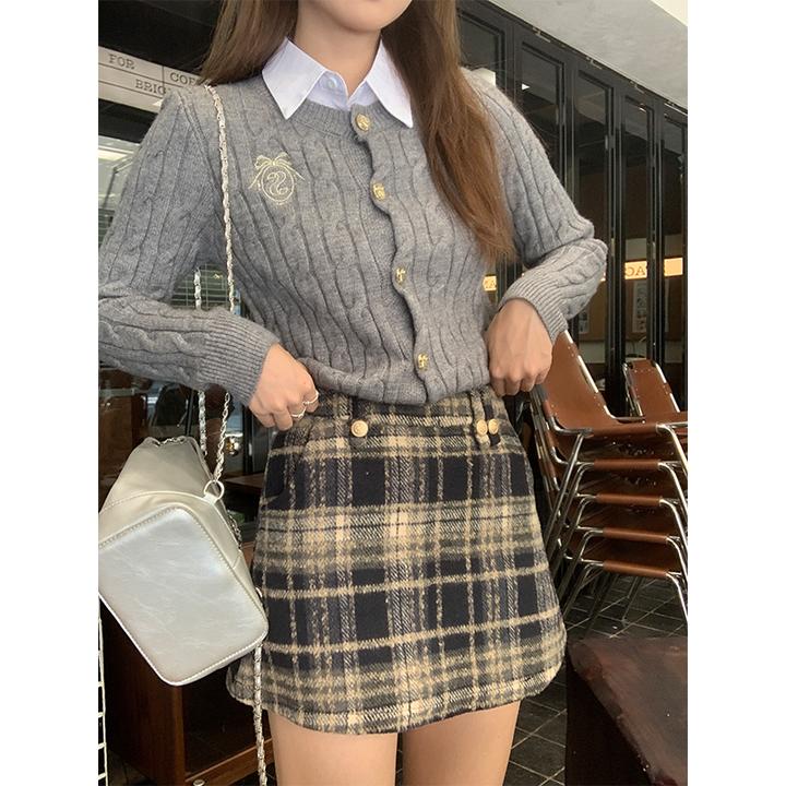 春秋新款学院风格纹毛呢半身裙女秋冬加厚高腰显瘦A字包臀短裙