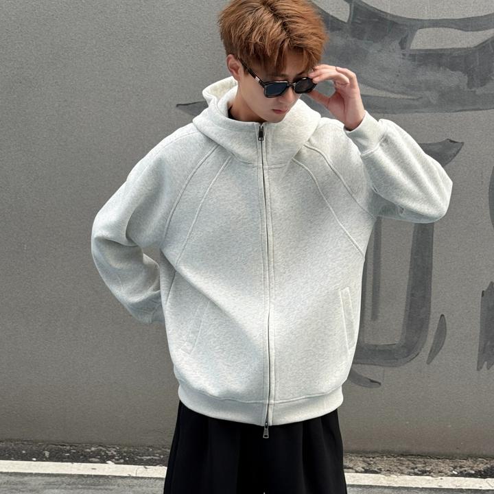 400克美式复古重磅纯色连帽立领开衫卫衣情侣运动百搭拉链卫衣