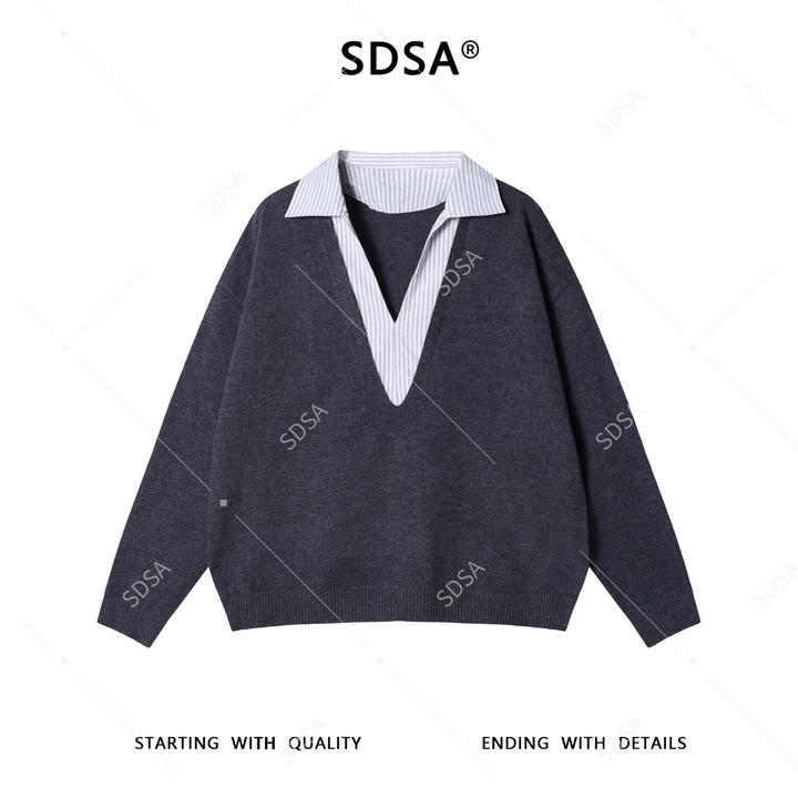 SDSA男士秋冬新款痞帅男装韩版拼接小V翻领毛衣百搭慵懒风上衣潮