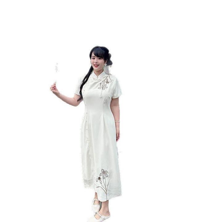 LACAH56226新中式鸢尾花刺绣旗袍2025新款女夏季国风收腰显瘦大码