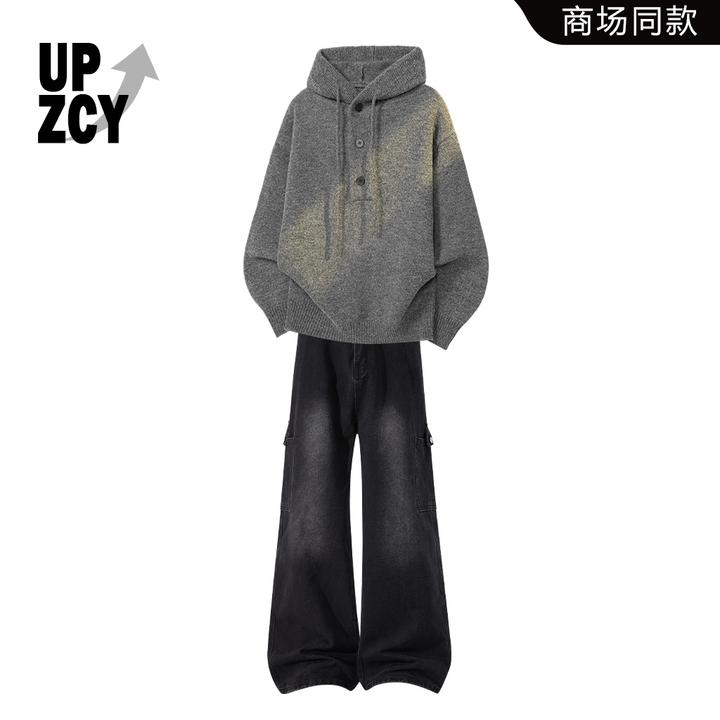 UPZCY秋冬装针织纯色慵懒风连帽毛衣男士休闲套装2025新款牛仔裤