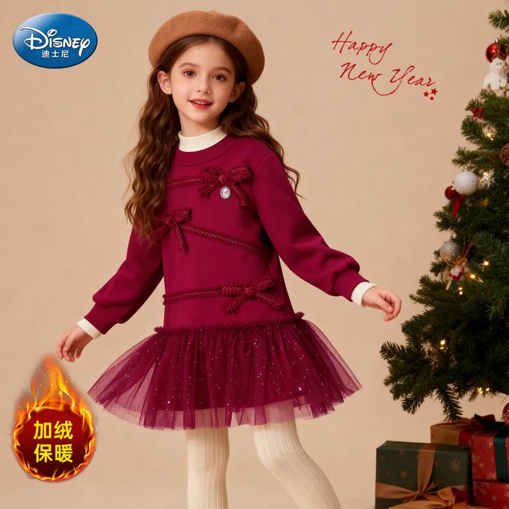 迪士尼女童红色新年连衣裙加绒加厚蓬蓬裙可爱超萌儿童衣服洋气款