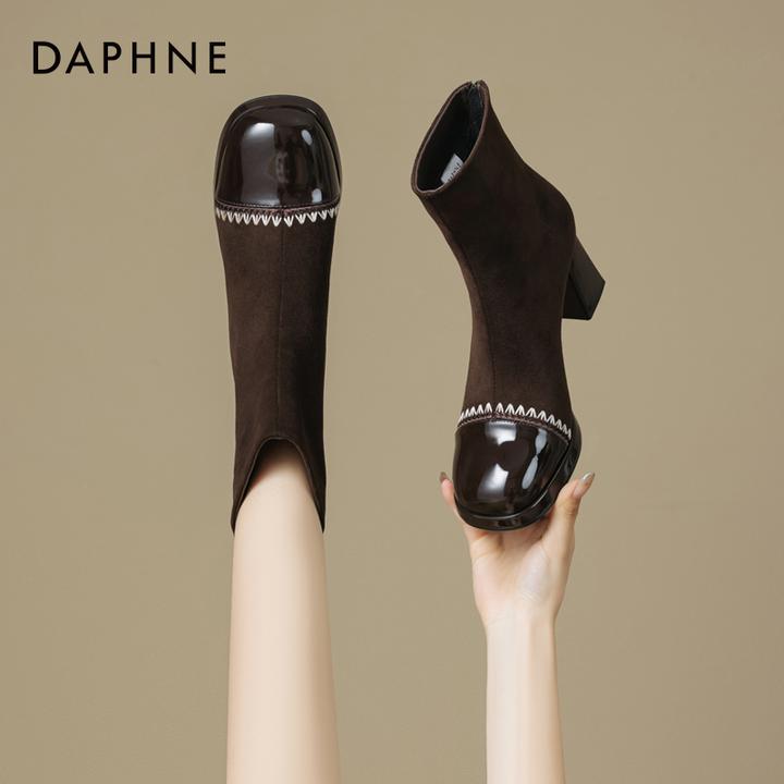 达芙妮网红爆款法式短靴2025秋新款小香风圆头拼接瘦瘦靴粗跟单靴