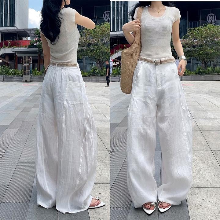 度假风亚麻91666休闲裤2025年夏季新款纯色凉爽结构直筒裤长裤女