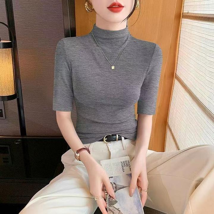 半高领中袖t恤女半袖打底衫女款爆款2025新款内搭修身显瘦五分袖
