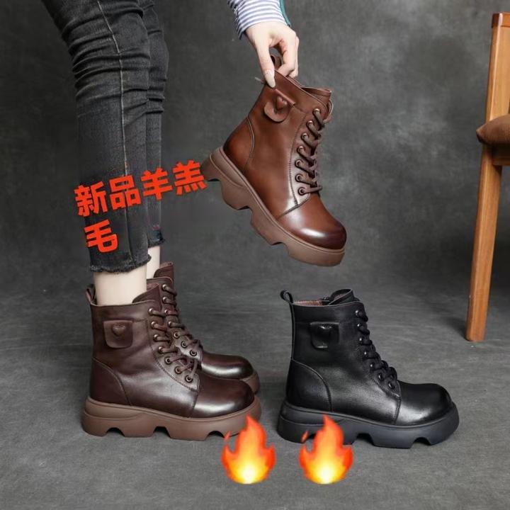 牛皮女鞋马丁靴短靴内羊羔毛2024新款码36-40货号N123红鑫园名家