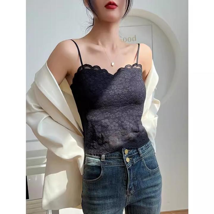 黑色蕾丝吊带背心女2025新款早春内搭带胸垫防下垂一体式打底上衣