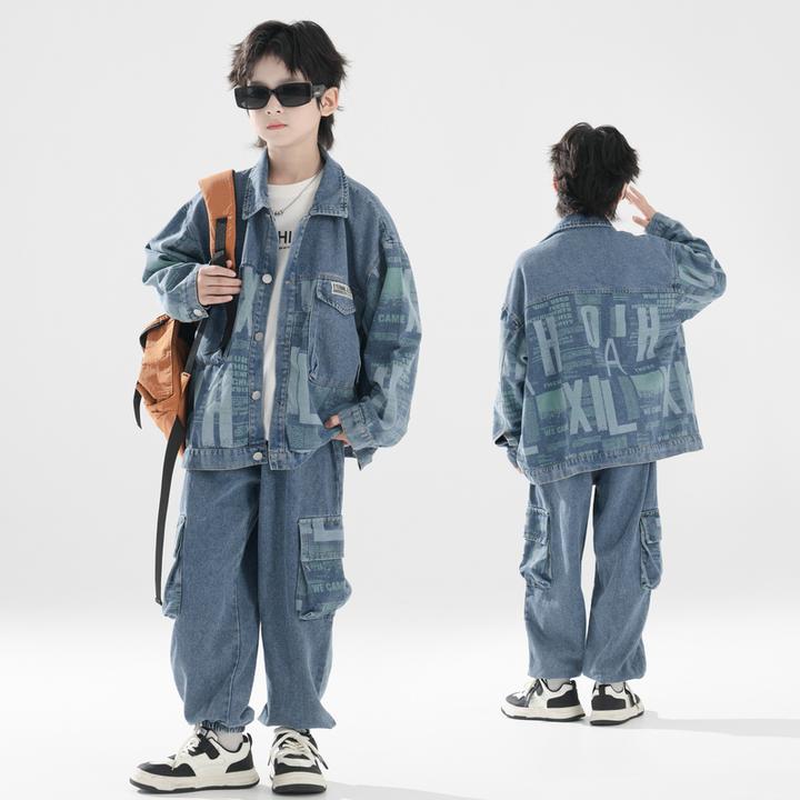 【牛仔套装】秋季儿童牛仔套装外套裤子两件套儿童青少年男童潮酷