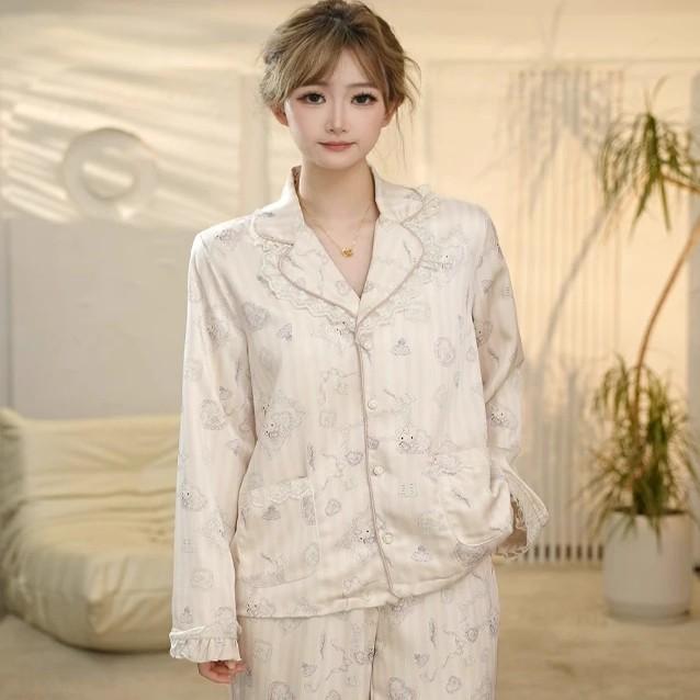 VINEEMAN【喵星梦】甜美蕾丝花边长袖睡衣女家居套装春秋气质网红