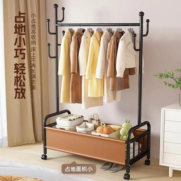 家用落地衣架带筐带轮可移动卧室挂衣架室内置物晾衣架收纳衣帽架