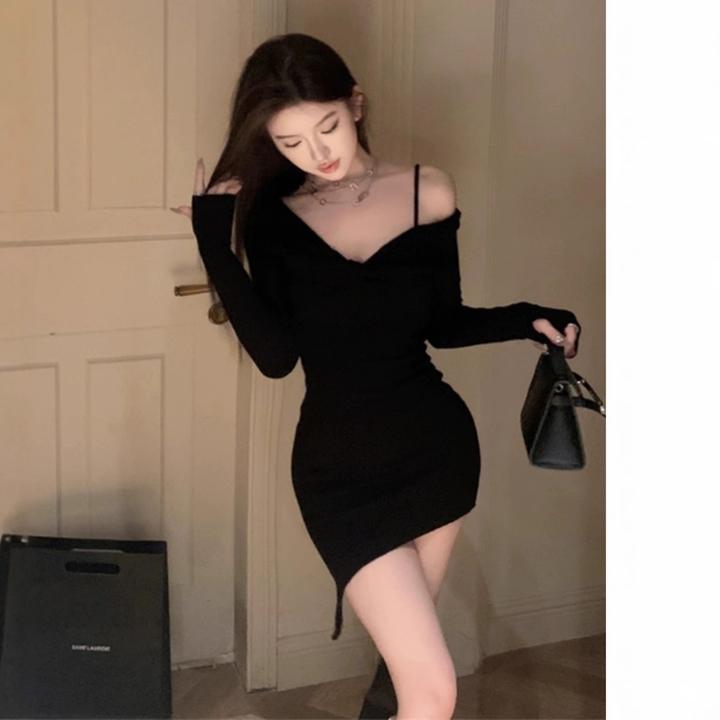 不规则收腰内搭长袖连衣裙黑色性感V领露肩显瘦包臀短裙修身辣妹