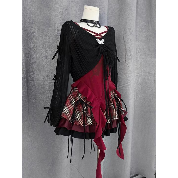 黑暗系亚文化摇滚少女感设计感罩衫叠穿背心半身裙三件套2025秋季