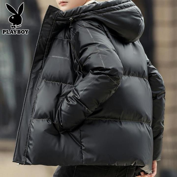 花花公子亮面羽绒服男款冬季加厚潮流印花轻薄连帽面包服外套男士