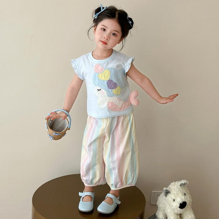 女童套装2025夏装新款洋气时髦小女孩夏季美人鱼短袖女宝宝两件套