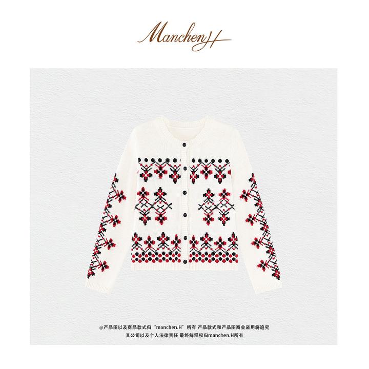 Manchenh"赫尔花园"KVSS原纱100羊绒7针双线提花针织开衫