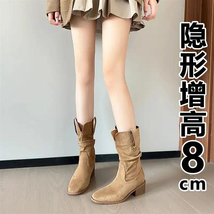 【轻奢高定】褶皱堆堆靴2025新款夏季粗跟V口显瘦百搭中筒美式复古