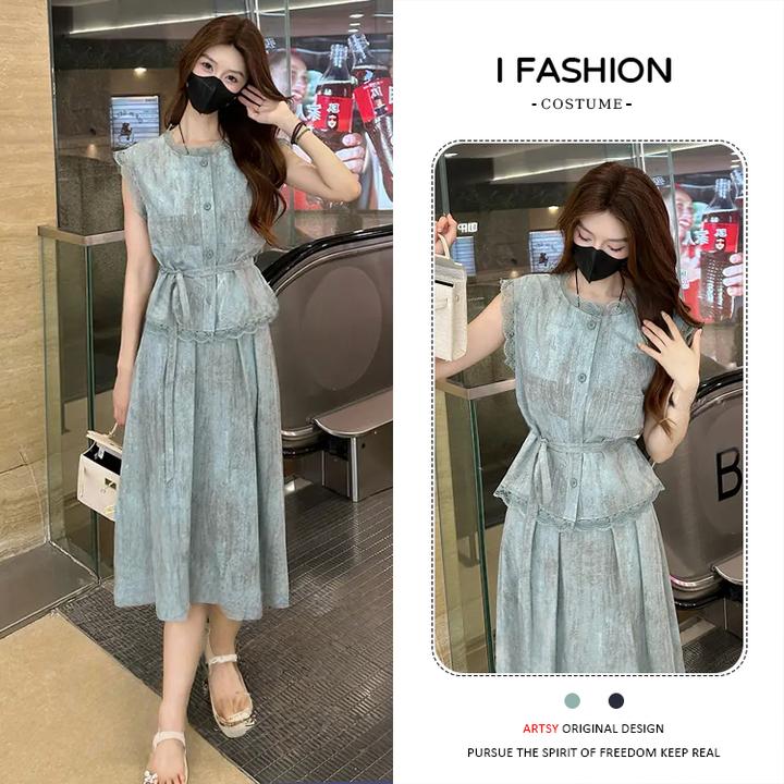 气质拼接时尚套装女士2025年夏季新款绑带收腰上衣半身裙两件套潮