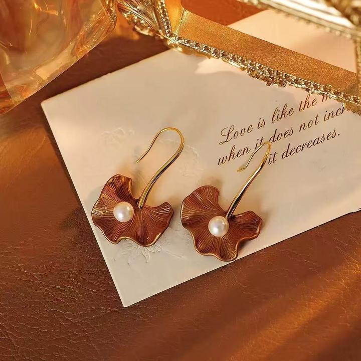 铜合金仿珍珠耳饰 TFY简约银杏叶耳环