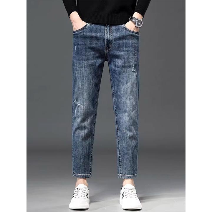 Leekody香港秋冬款九分破洞牛仔裤男款宽松直筒潮牌百搭休闲9分裤