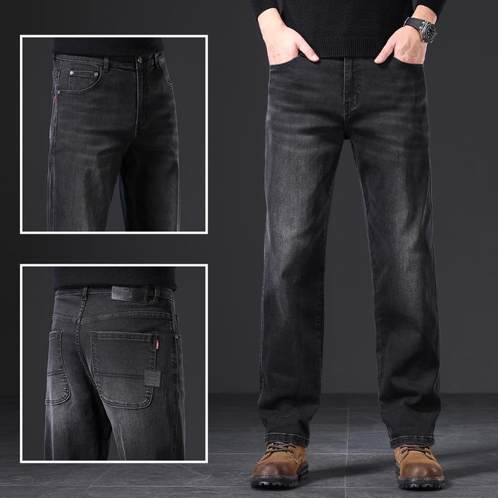 香港高端秋季牛仔裤男士商务宽松直筒男裤弹力秋冬款休闲加绒裤子