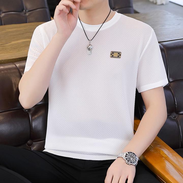 冰丝短袖t恤男士夏季薄款透气修身上衣服潮流体恤汗衫男镂空半袖