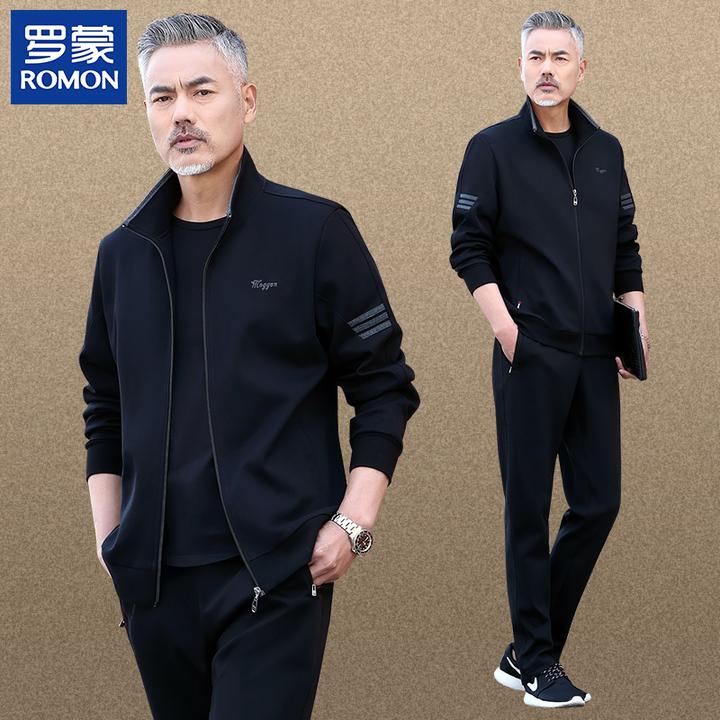 罗蒙品牌爸爸高档春秋运动套装中老年男士秋装三件套中年男棉外套