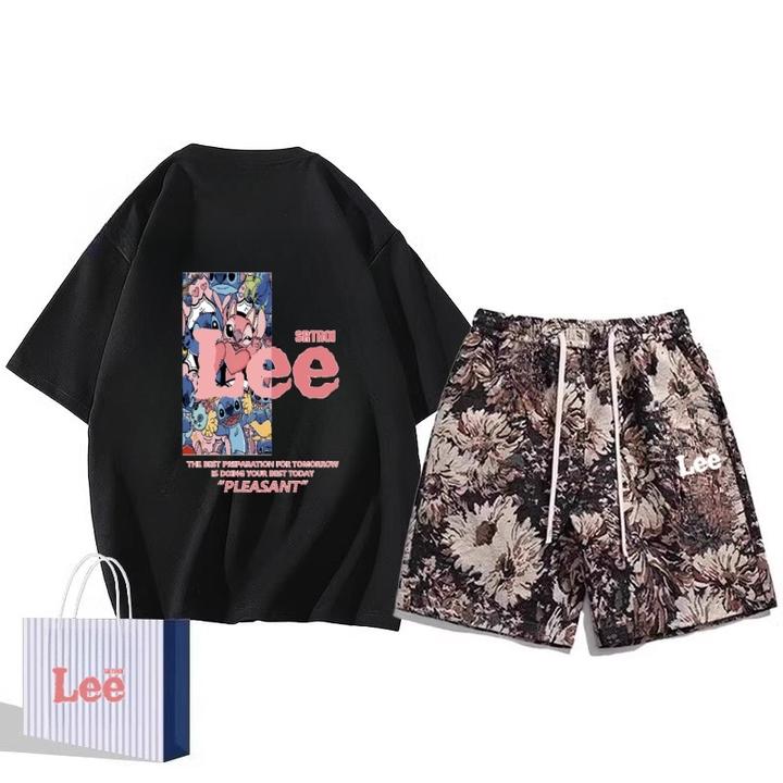 夏季韩版国潮短袖宽松型常规T恤ins情侣牛仔风休闲五分裤