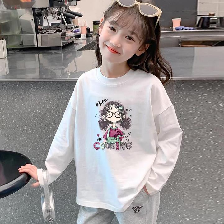 儿童打底衫女童白色长袖t恤卡通宝宝秋季上衣纯棉洋气春秋韩版t