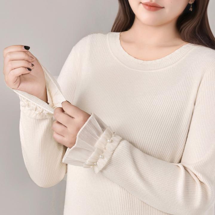 【28支亮丝仿兔绒】MsShe大码女装2025冬钉珠缩褶花边毛衣E2510001