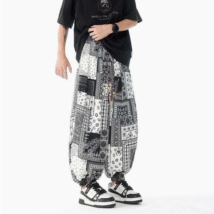 新中式冰丝裤子男夏季oversize阔腿裤民族风印花沙滩裤宽松哈伦裤