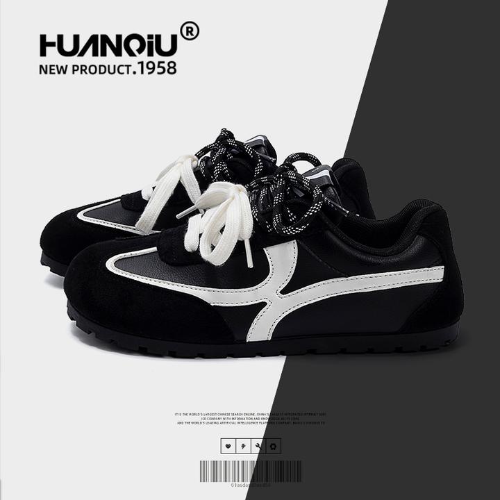 环球黑色休闲德训鞋女2025新款秋季女鞋平底低帮拼色百搭运动板鞋