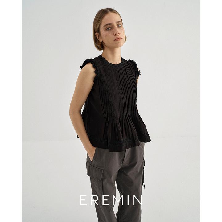 DE Mincollection风琴娃娃衫/日系压褶绗缝减龄花边飞袖马甲55259