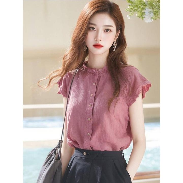 木耳边立领小飞袖衬衫女设计感小众夏季独特别致漂亮小衫上衣