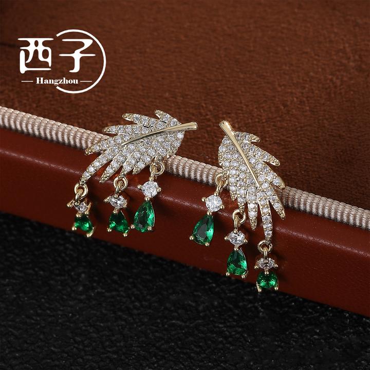 西子饰品镀18K金【秋叶绿水滴耳坠】S925纯银针30岁上档次饰品女