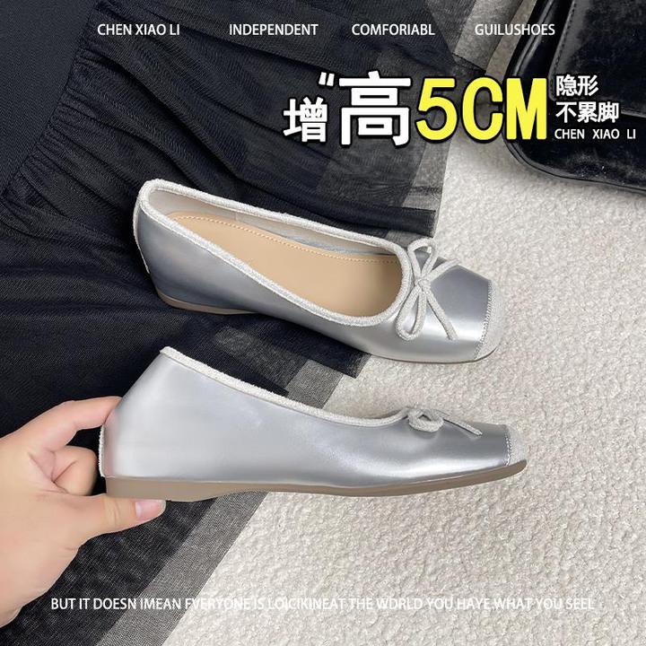 羊皮版~5cm小个子内增高法式复古单鞋女银色奶奶鞋蝴蝶结芭蕾舞鞋