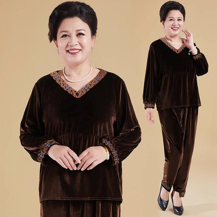 春秋新中式时尚洋气V领刺绣上衣拼接款金丝绒两件套大码妈妈装女