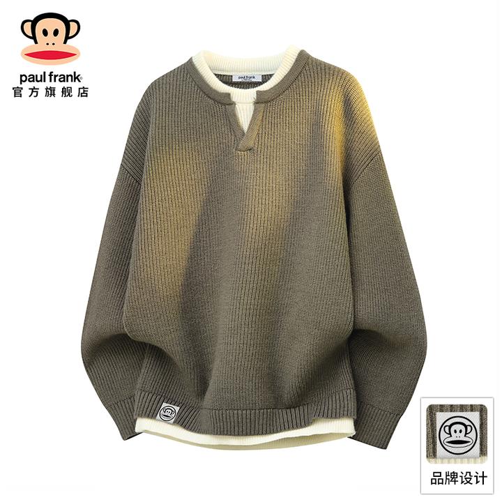 PaulFrank/大嘴猴复古休闲针织毛衣男秋冬新款假两件宽松圆领上衣