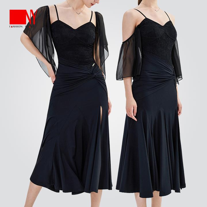 NY25225M纳艺吊带蕾丝拼接连衣裙显瘦遮肉摩登裙蕾丝雪纺交谊舞裙