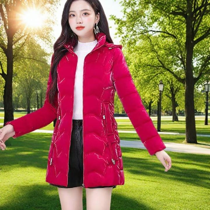 珠光亮面棉服女中长款冬季新款炫彩洋气棉衣修身加厚免洗棉袄外套