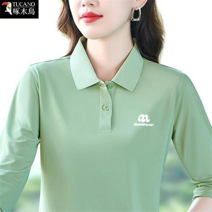 啄木鸟秋季薄款内搭长袖时尚气质印花上衣新款翻领大码显瘦T恤女