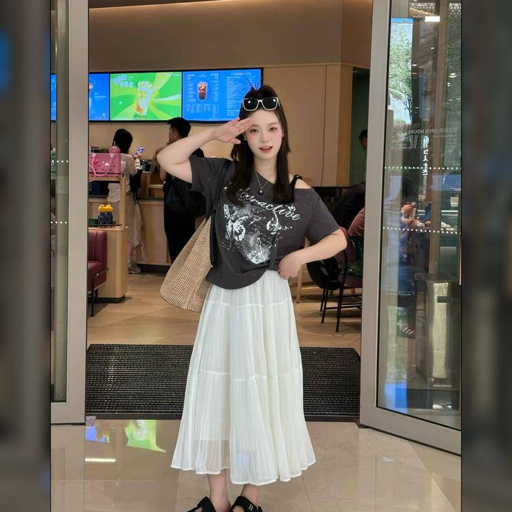 楠序微胖女装 夏季新款韩系蝴蝶上衣仙气半身裙时尚套装女NX13592