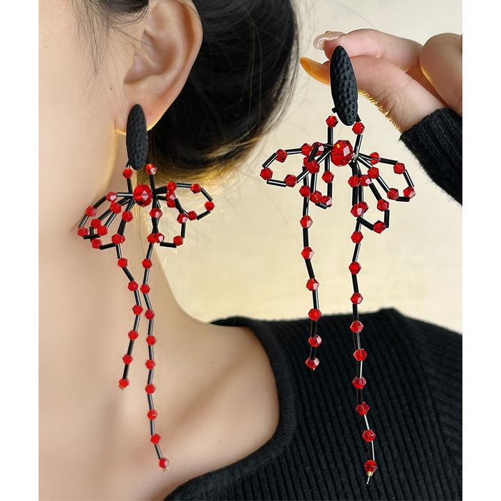 非金属亚克力耳饰 民族风红色串珠蝴蝶结流苏耳环女简约百搭耳钉