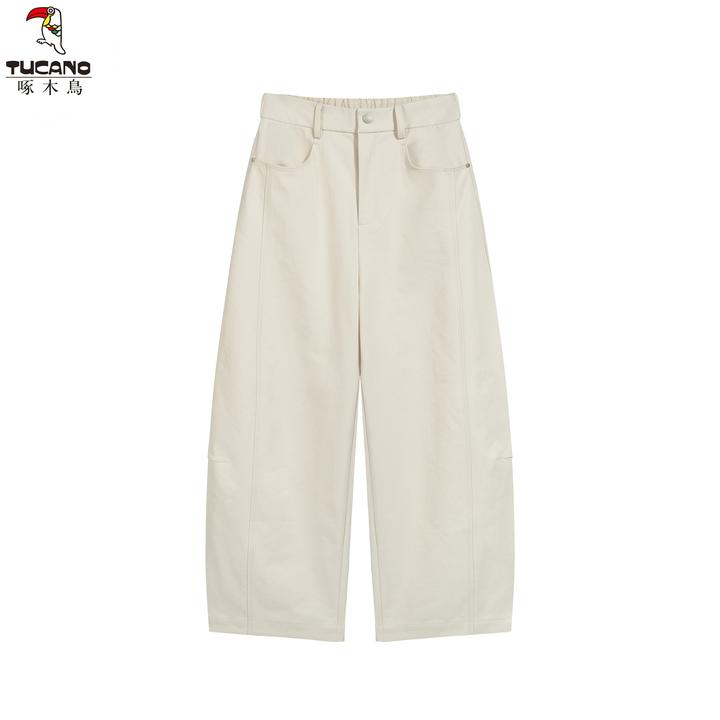 啄木鸟九分哪吒裤松紧腰抗皱显瘦休闲裤纯色抗皱高腰阔腿松紧裤