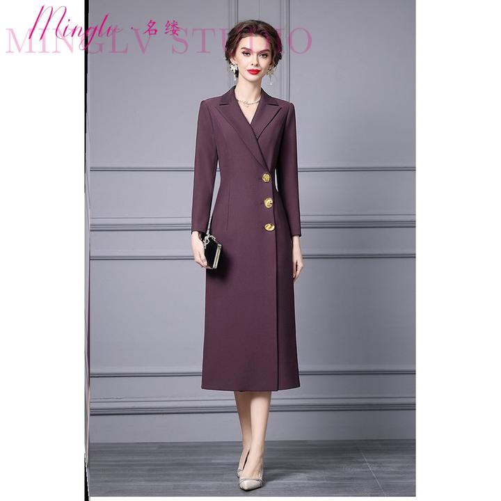 名缕秋季连衣裙显瘦遮肉通勤气质西装领收腰长款外套裙子2025新款