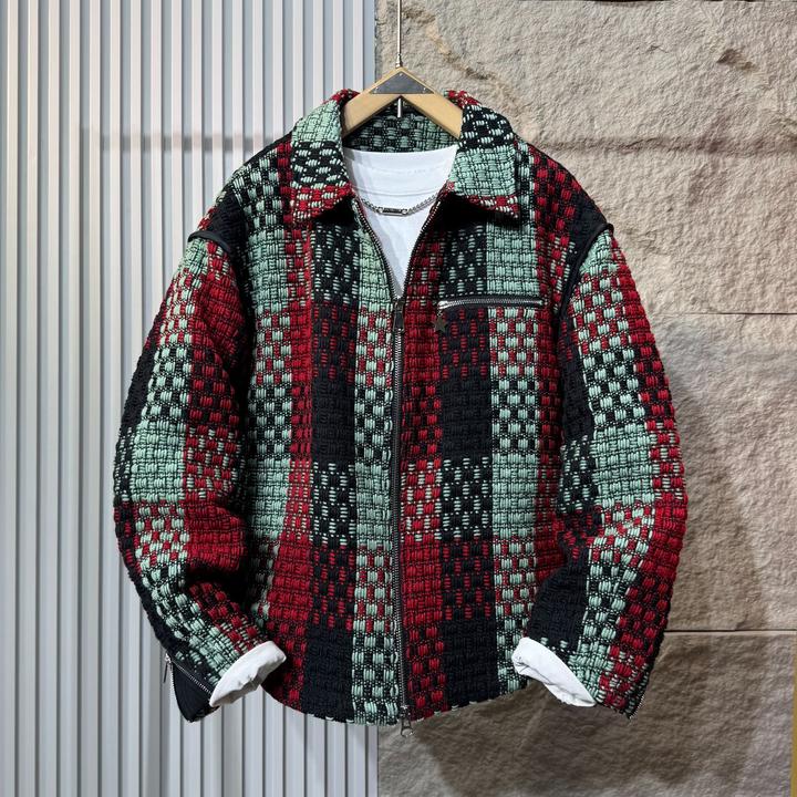 2025冬季轻奢小香风情侣50白鸭绒假两件潮流时尚编织格子羽绒服