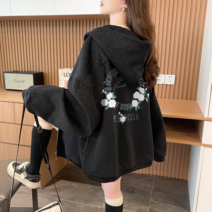 欧货大码oversize卫衣女秋冬季新款韩版时尚胖mm宽松亮闪闪外套潮