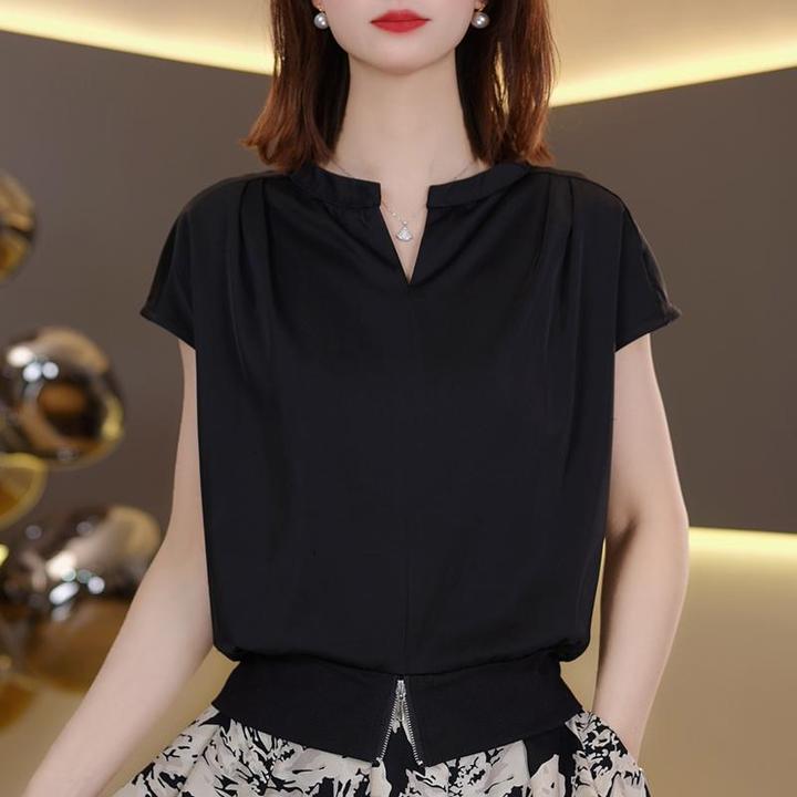 韩系修身气质独特短袖T恤女2025夏季小众设计下摆拉链V领显瘦上衣