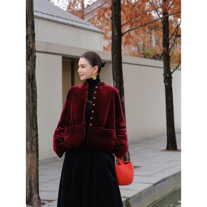 麻霖冬季新品复古丝绒小立领95白鸭绒新中式羽绒红色外套